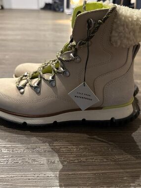 Cole Haan Beige and Neon Green Waterproof Shearling-Lined Boot